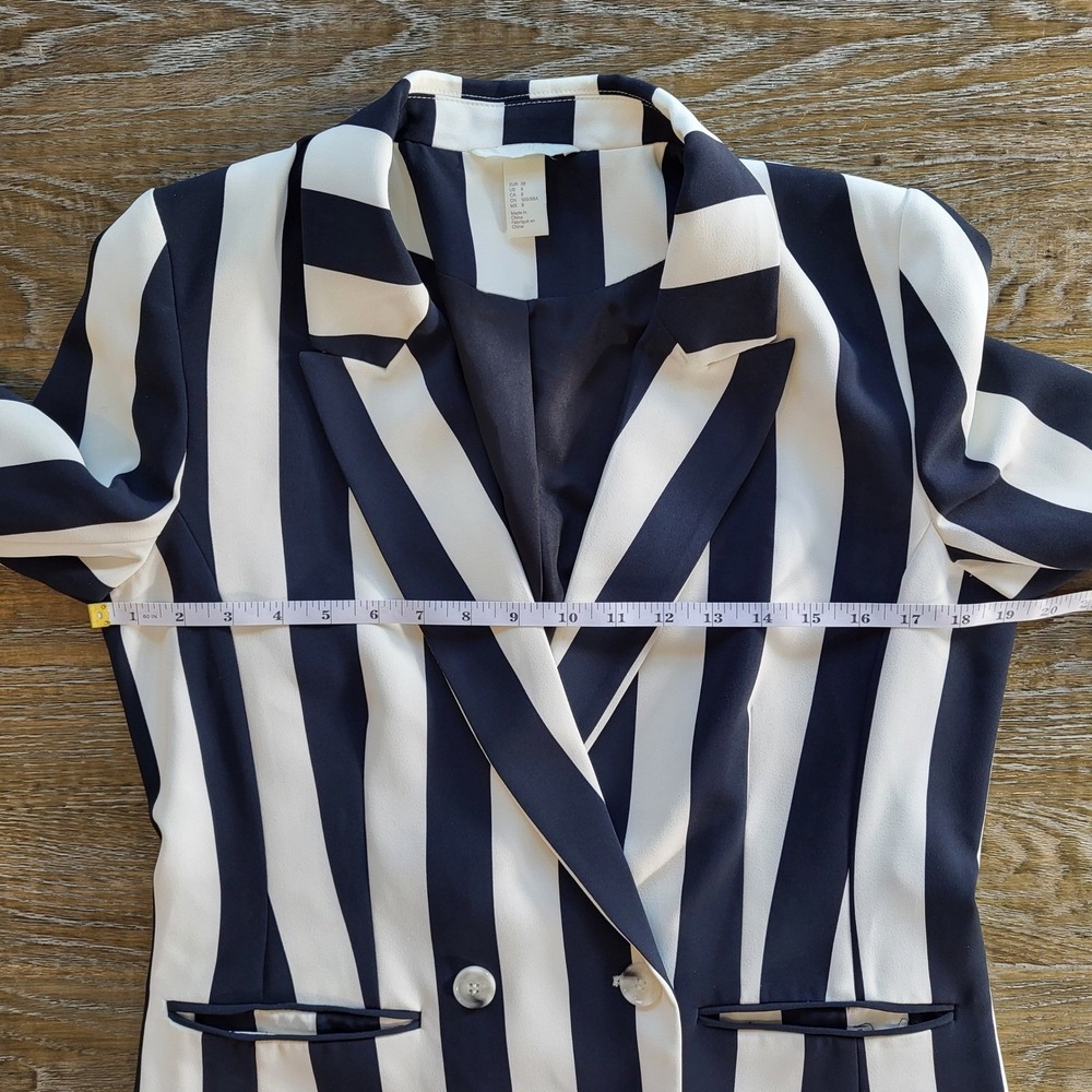 H&M Womens Navy Blue White Striped Double Breasted Blazer Jacket Size 8 Long - Picture 4 of 8